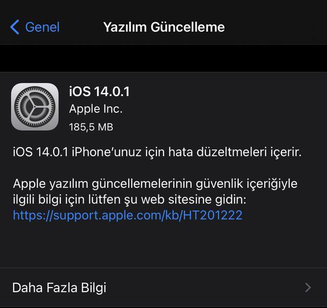 iOS 14.0.1 güncellemesi