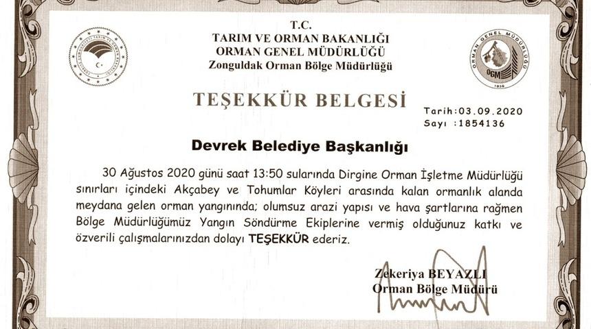 Bakanlıktan Devrek Belediyesi’ne teşekkür belgesi