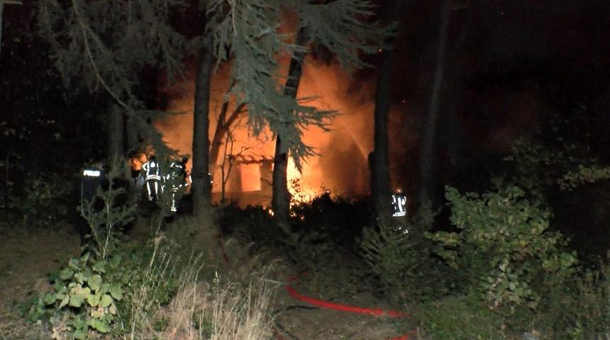 Kartal'da ormanlık alandaki ahşap baraka alev alev yandı