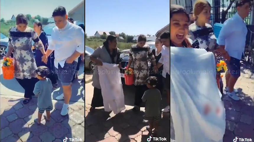 Gerdek gecesi sonrası 'pes' dedirten g&ouml;r&uuml;nt&uuml;ler! Elinde &ccedil;arşafla...