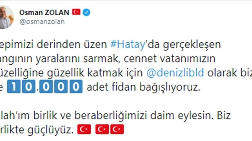 Başkan Zolan&rsquo;dan Hatay&rsquo;a 10 bin nefes