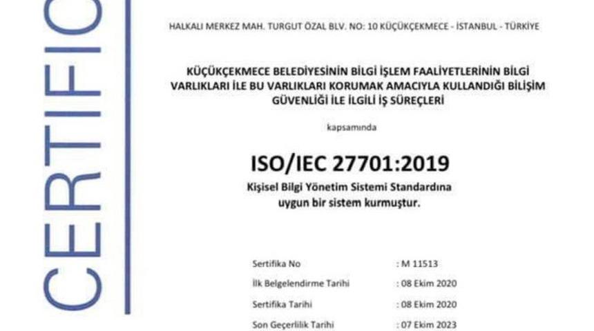 K&uuml;&ccedil;&uuml;k&ccedil;ekmece Belediyesine ISO 27701 sertifikası