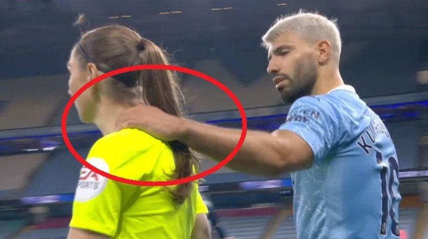 Ag&uuml;ero'nun kadın yan hakeme el hareketine b&uuml;y&uuml;k tepki