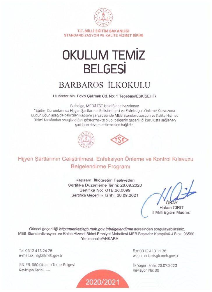 Eskişehir Barbaros İlkokulu’na ‘Okulum Temiz Belgesi’ takdim edildi G4