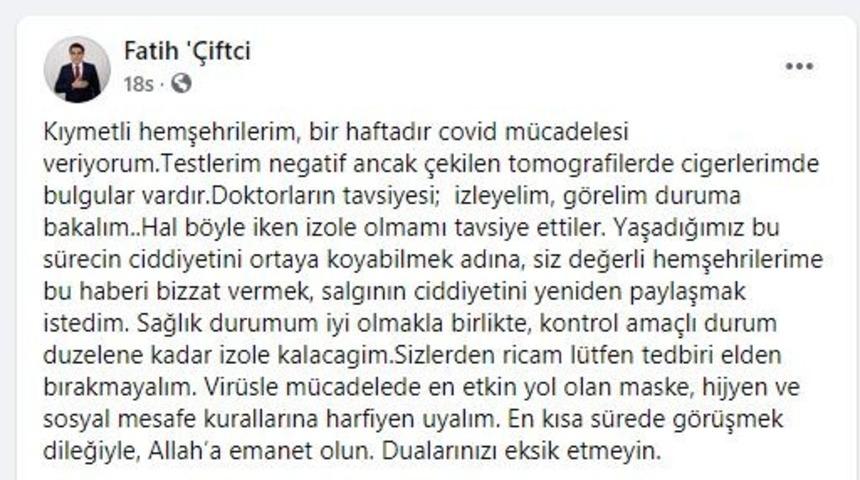 G&uuml;lşehir Belediye Başkanı &Ccedil;ift&ccedil;i, kendini karantinaya aldı