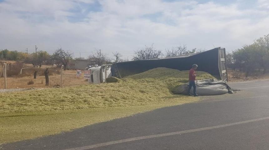 Mısır silajı yüklü tır devrildi: 1 yaralı