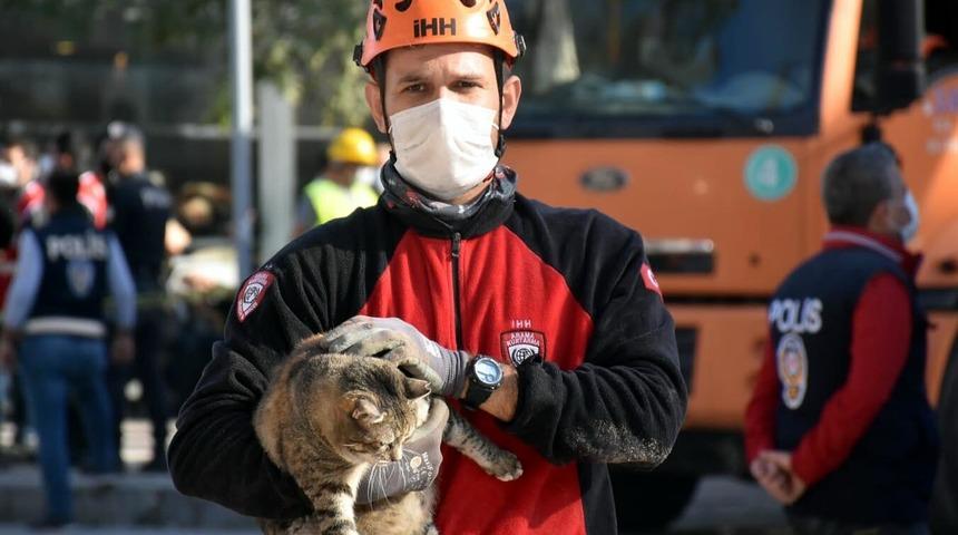 İzmir depreminde enkazdan 48 saat sonra kedi kurtarıldı