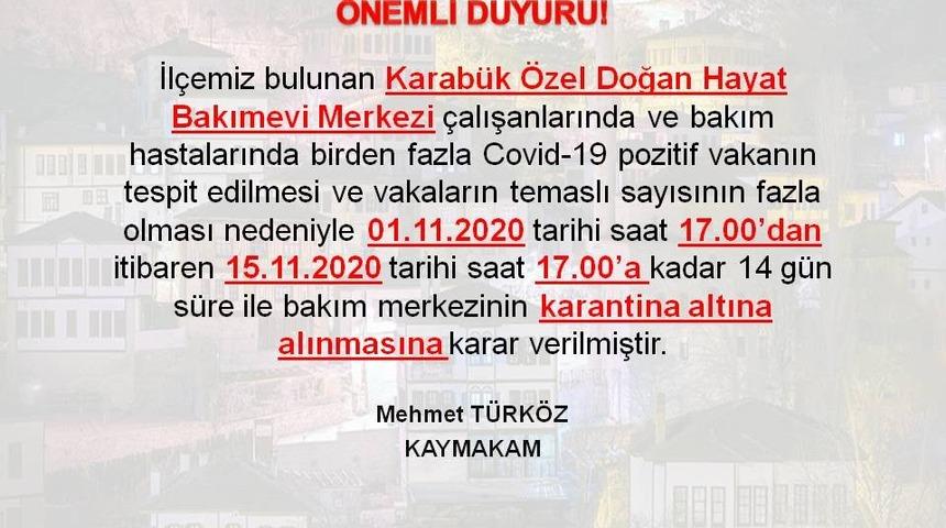 Karabük’te özel bakımevi merkezi karantinaya alındı