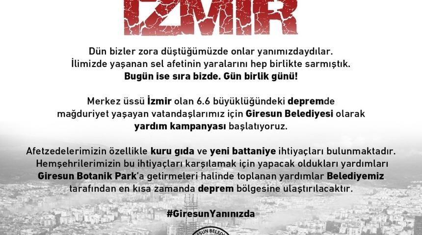 Giresun Belediyesi, İzmir i&ccedil;in yardım kampanyası başlattı