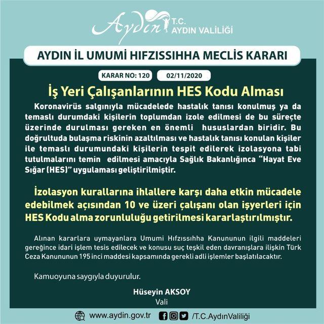 Aydın Valiliği’nden HES Kodu kararı