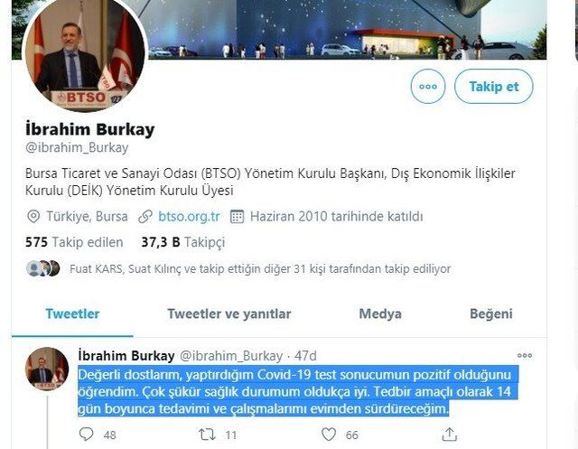 BTSO Başkanı Burkay da korona virüse yakalandı