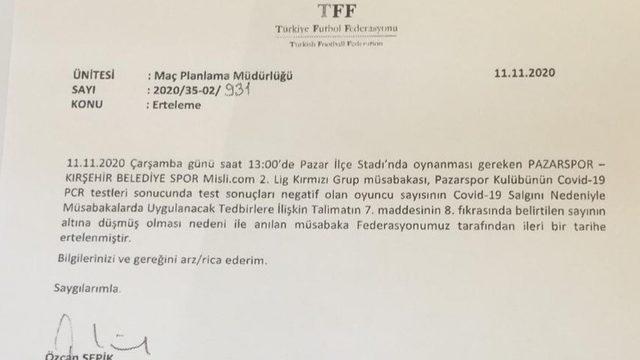 Pazarspor-Kırşehir Belediyespor maçının ertelenmesine tepki