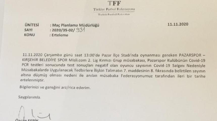 Pazarspor-Kırşehir Belediyespor maçının ertelenmesine tepki