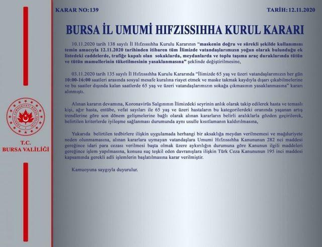 Bursa Valiliği’nden İl Hıfzıssıhha Kurulu kararı açıklaması