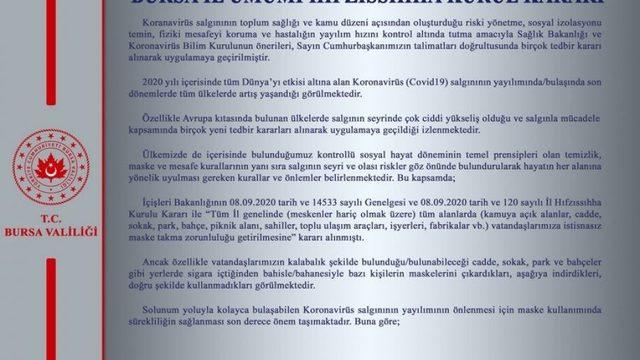 Bursa Valiliği’nden İl Hıfzıssıhha Kurulu kararı açıklaması