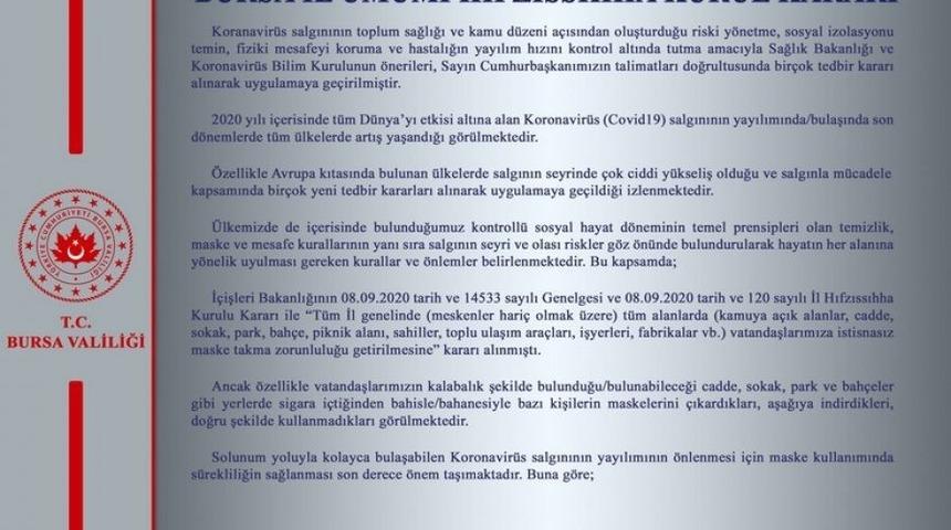 Bursa Valiliği’nden İl Hıfzıssıhha Kurulu kararı açıklaması