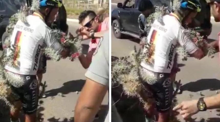 Kaktüslere dalan bisikletçinin vücuduna sayısız diken battı