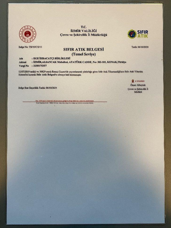 Ege İhracatçı Birlikleri “Sıfır Atık Belgesi” alan ilk ihracatçı birlikleri oldu G3