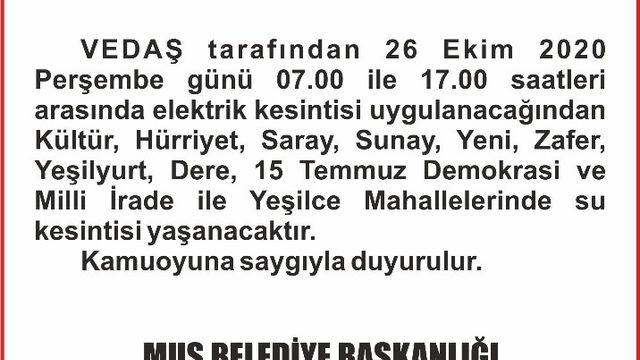 Muş Belediyesinden su kesintisi uyarısı