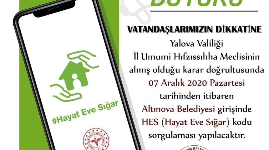 Altınova Belediyesi&acute;nde HES kodu uygulaması başlıyor