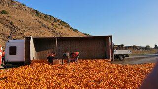 Kamyon devrildi, 15 ton mandalina yola saçıldı