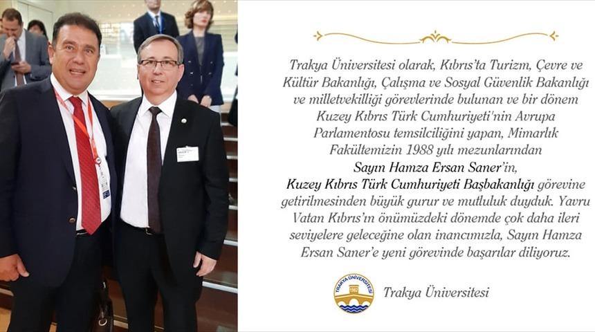 Rekt&ouml;r Tabakoğlu, Trakya &Uuml;niversitesi mezunu KKTC Başbakanı Saner'i kutladı