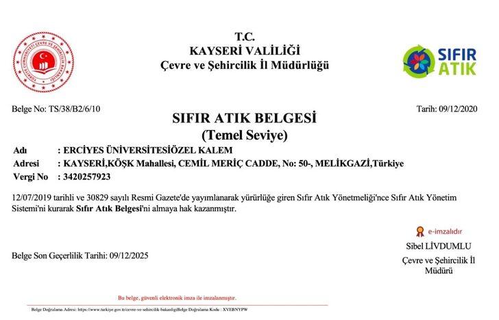 ERÜ’ye Çevre ve Şehircilik İl Müdürlüğü Tarafından “Sıfır Atık Belgesi” Verildi G2