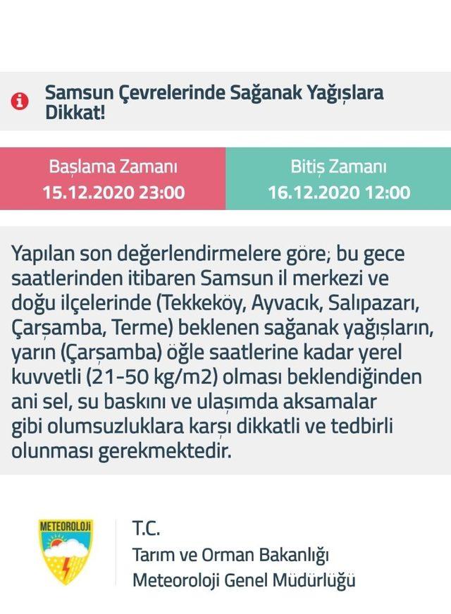 Samsun Valiliği’nden kuvvetli yağış uyarısı