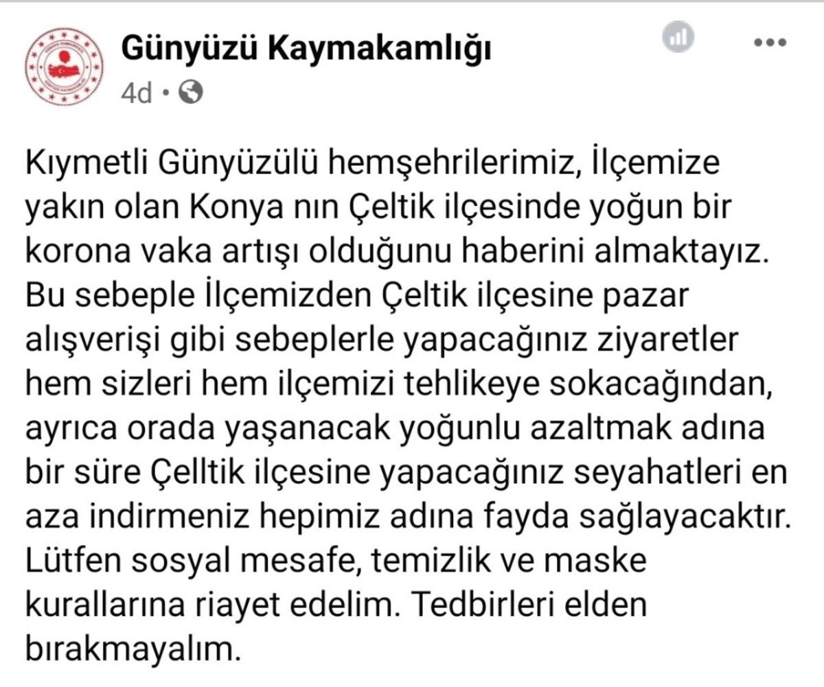 G&uuml;ny&uuml;z&uuml; Kaymakamlığı, komşu il&ccedil;e &Ccedil;eltik&rsquo;te artan vakalar i&ccedil;in vatandaşları uyardı