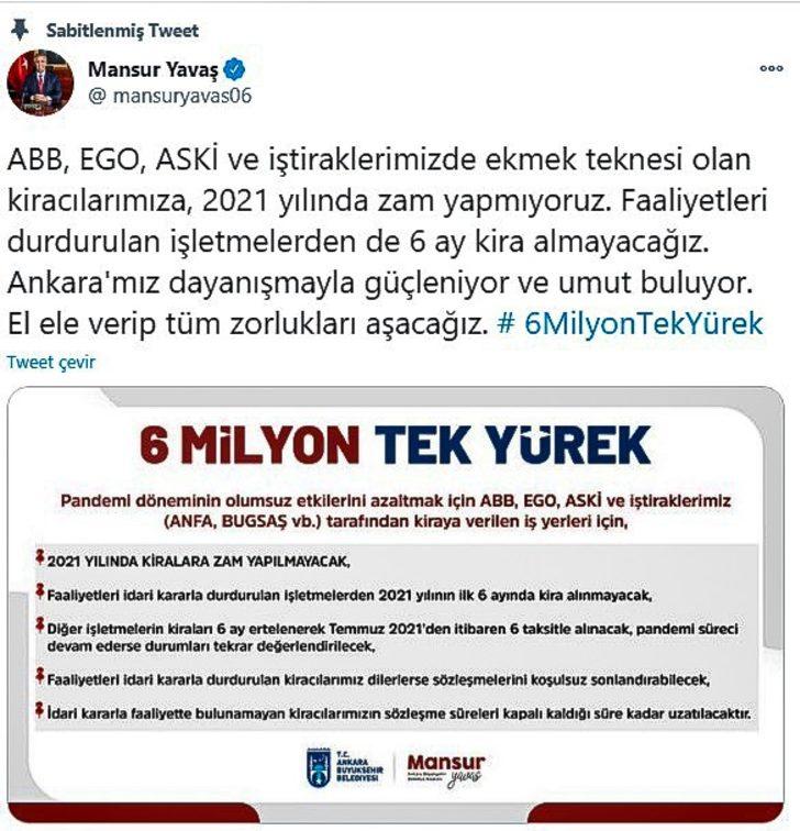 Ankara Büyükşehir Belediyesinden kiracı işletmelere 2021’de zam yok G3