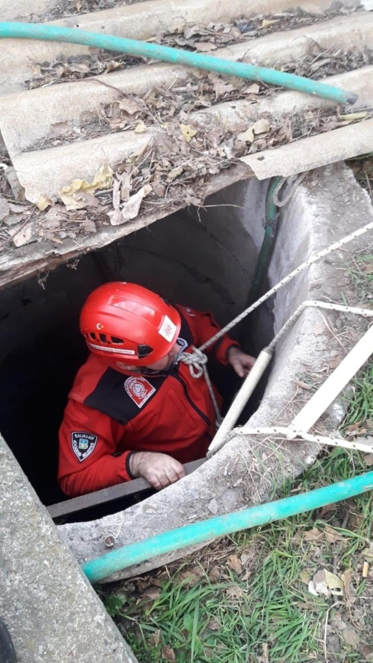 Burhaniye&rsquo;de kuyuya d&uuml;şen k&ouml;peği itfaiye kurtardı