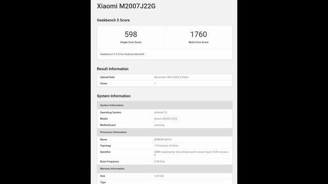 Redmi Note 9T Geekbench