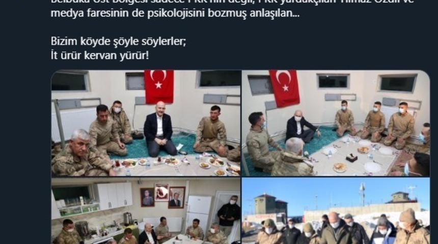 Bakan Soylu: "Yıllar sonra, 3 ay &ouml;nce &uuml;stlendiğimiz Belbuka &Uuml;st B&ouml;lgesi sadece PKK&rsquo;nın değil, PKK yardak&ccedil;ıları Yılmaz &Ouml;zdil ve medya faresinin de psikolojisini bozmuş anlaşılan. Bizim k&ouml;yde ş&ouml;yle s&ouml;ylerler; İt &uuml;r&uuml;r kervan y&uuml;r&uuml;r!"