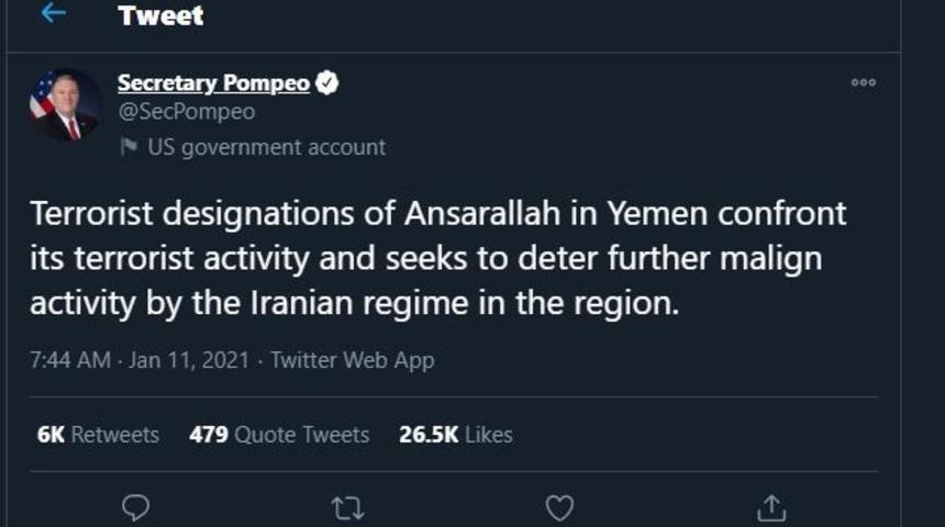 ABD Dışişleri Bakanı Pompeo: &ldquo;ABD, Husiler&rsquo;i ter&ouml;r &ouml;rg&uuml;t&uuml; olarak tanımayı planlıyor&rdquo;
