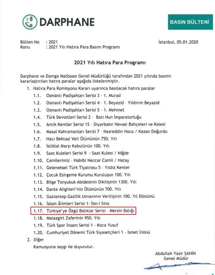 Mersin balığı hatıra parası basılacak G4