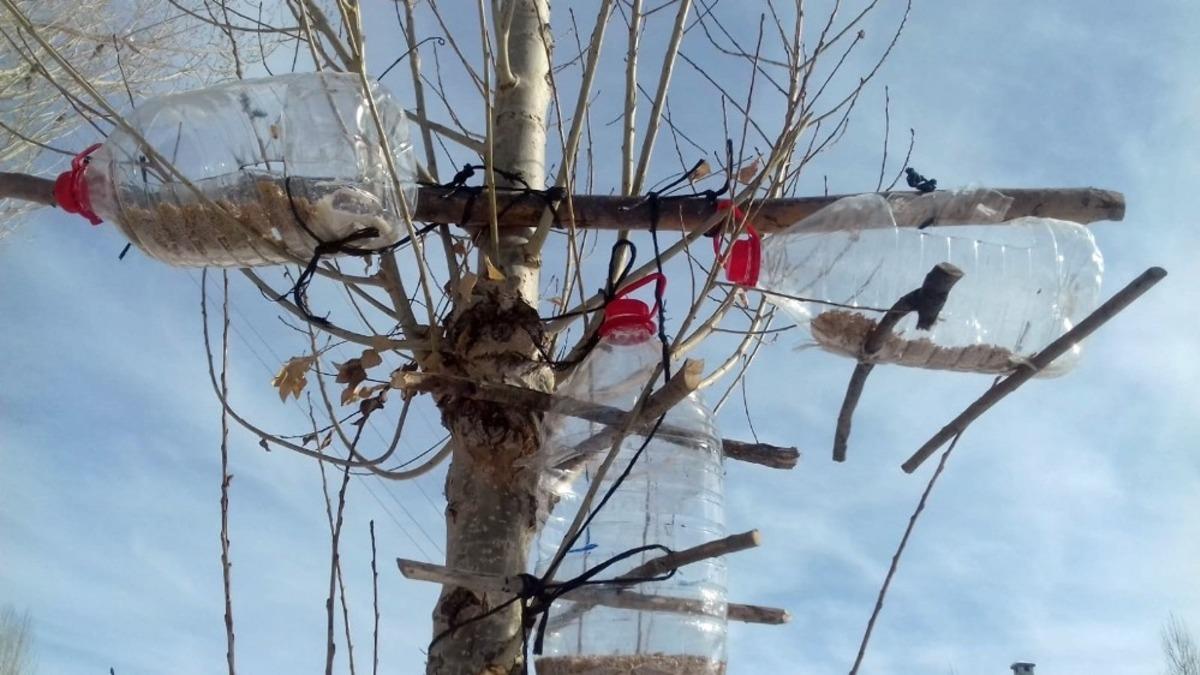 Y&uuml;ksekovalı gen&ccedil; pet şişelerinden kuş yemlikleri yaptı