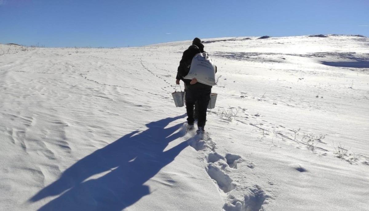 Sırtlarında taşıdıkları yem torbaları ile yaban hayvanlarına yem bıraktılar