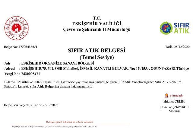 Eskişehir OSB “Sıfır Atık Belgesi” aldı