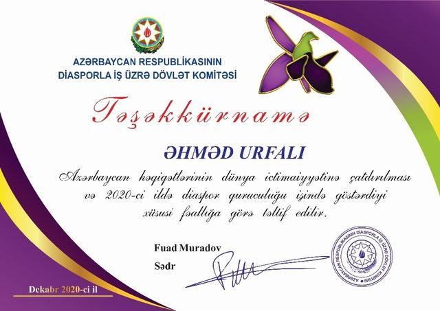 Eskişehirli şair yazar Ahmet Urfalı’ya Azerbaycan’dan ‘teşekkürname’ ödülü