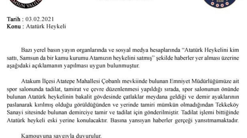 Samsun İl Emniyet Müdürlüğü’nden ’Atatürk heykeli’ açıklaması