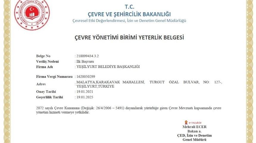 Yeşilyurt Belediyesi, &ccedil;evre y&ouml;netim yeterlilik belgesini aldı