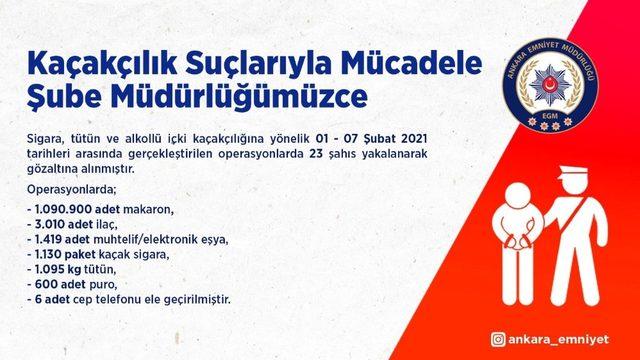 Ankara’da son 1 hafta içerisinde kaçakçılık suçundan 23 şahıs gözaltına alındı
