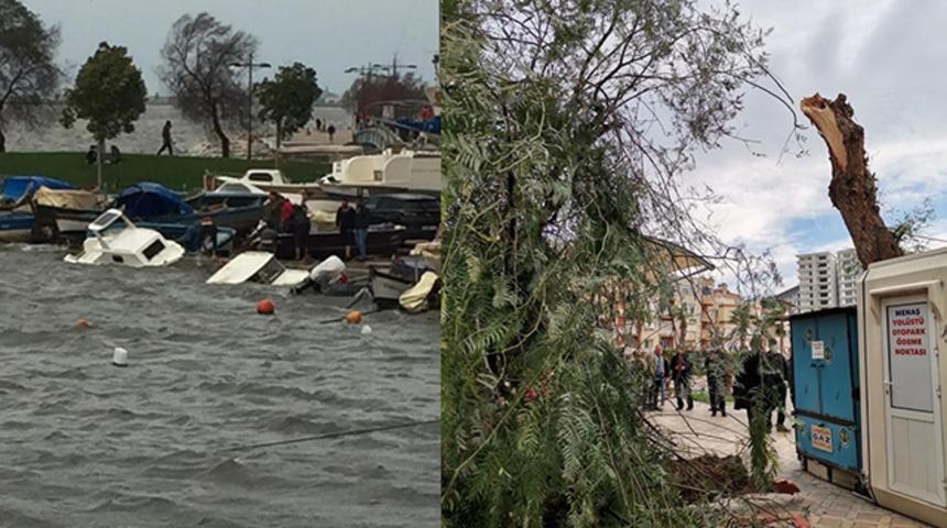 İzmir’de fırtınada tekneler battı, ağaçlar devrildi