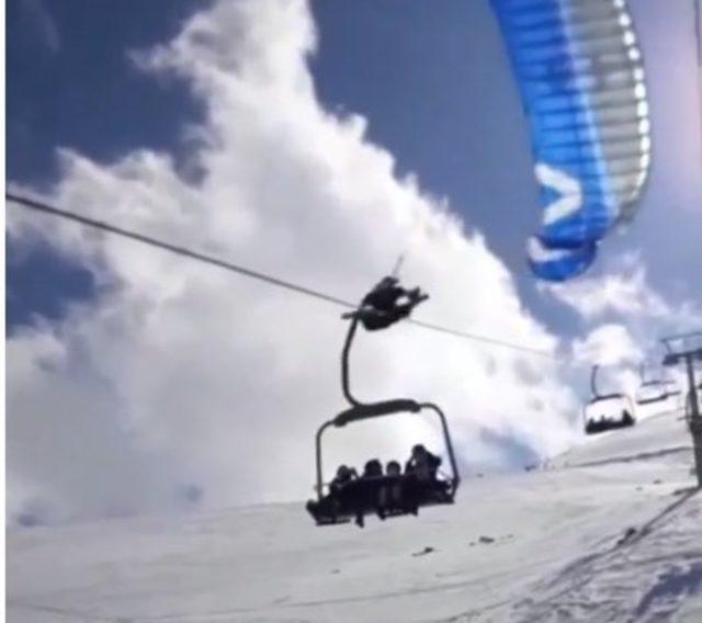 Paraşütçünün telesiyeje takıldığı anlar kamerada 1