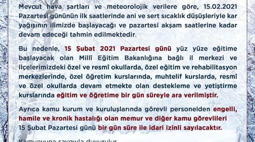 Uşak&rsquo;ta eğitime 1 g&uuml;nl&uuml;k ara verildi
