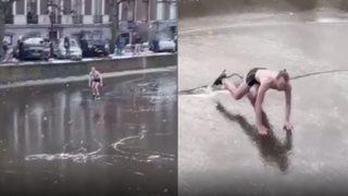 Donmuş kanalda kayak yapan kişi, buz kırılınca suya düştü