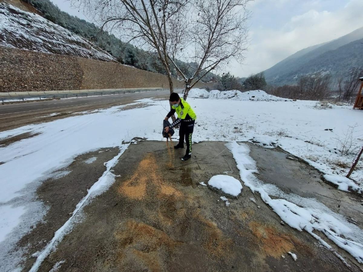 Amasya&rsquo;da polisler, yaban hayvanları i&ccedil;in doğaya yem ve ekmek bıraktı