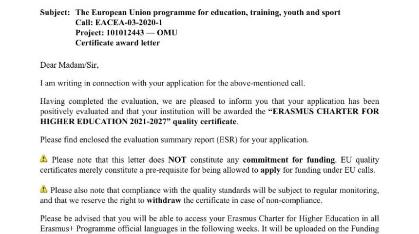 OMÜ’ye tam puanla Erasmus Beyannamesi kalite sertifikası