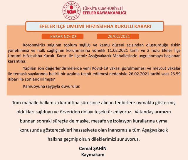 Aydın’da Aşağıkayacık Mahallesi’ndeki karantina kaldırıldı