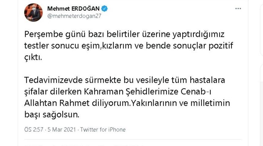 Milletvekili Erdoğan koronaya yakalandı